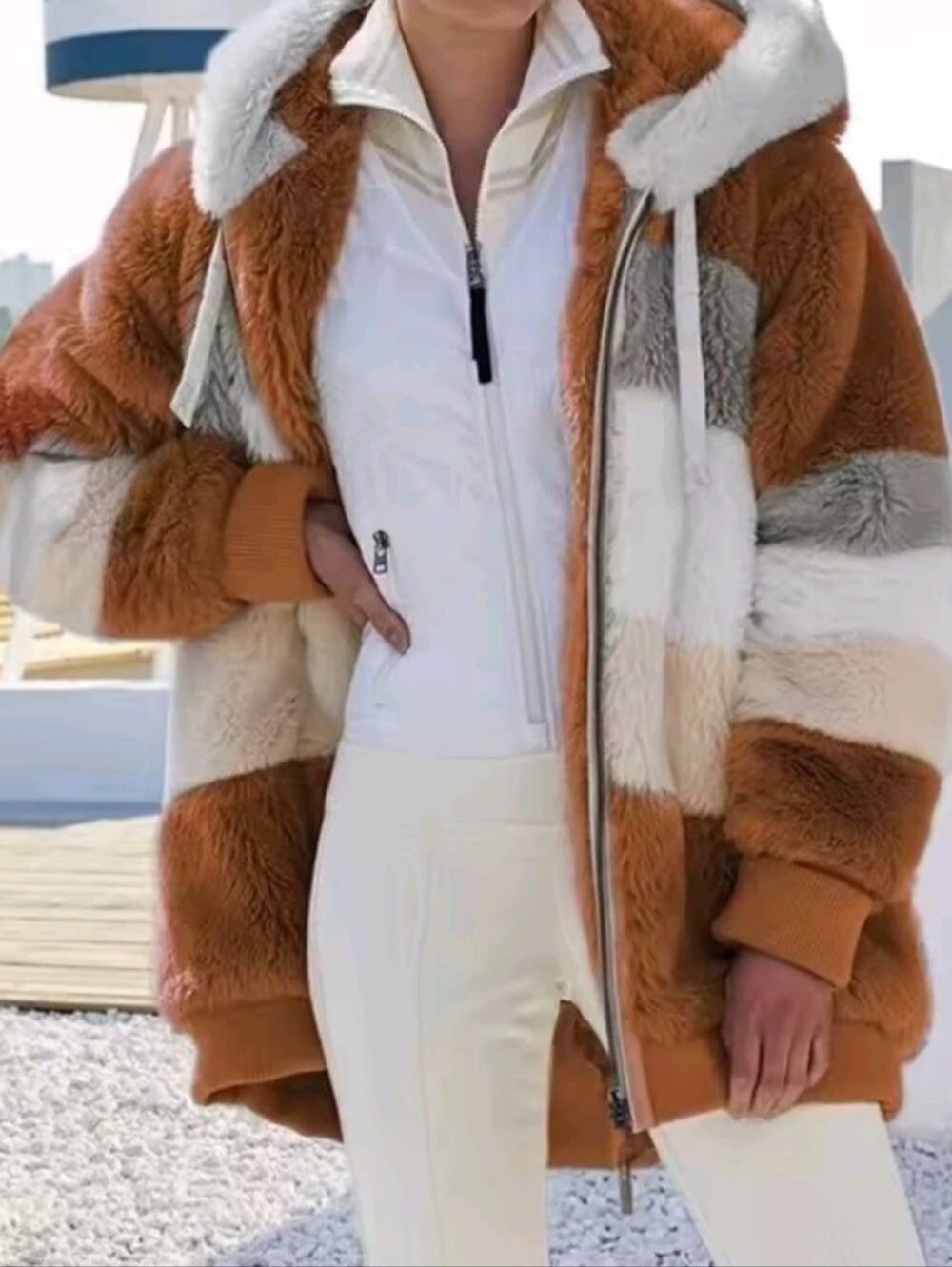 Women's Oversized Warm Winter Plush Jacket With Pockets And Hoodie